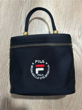 Fila Black Top-Handle Cosmetic Case with Embroidered Logo